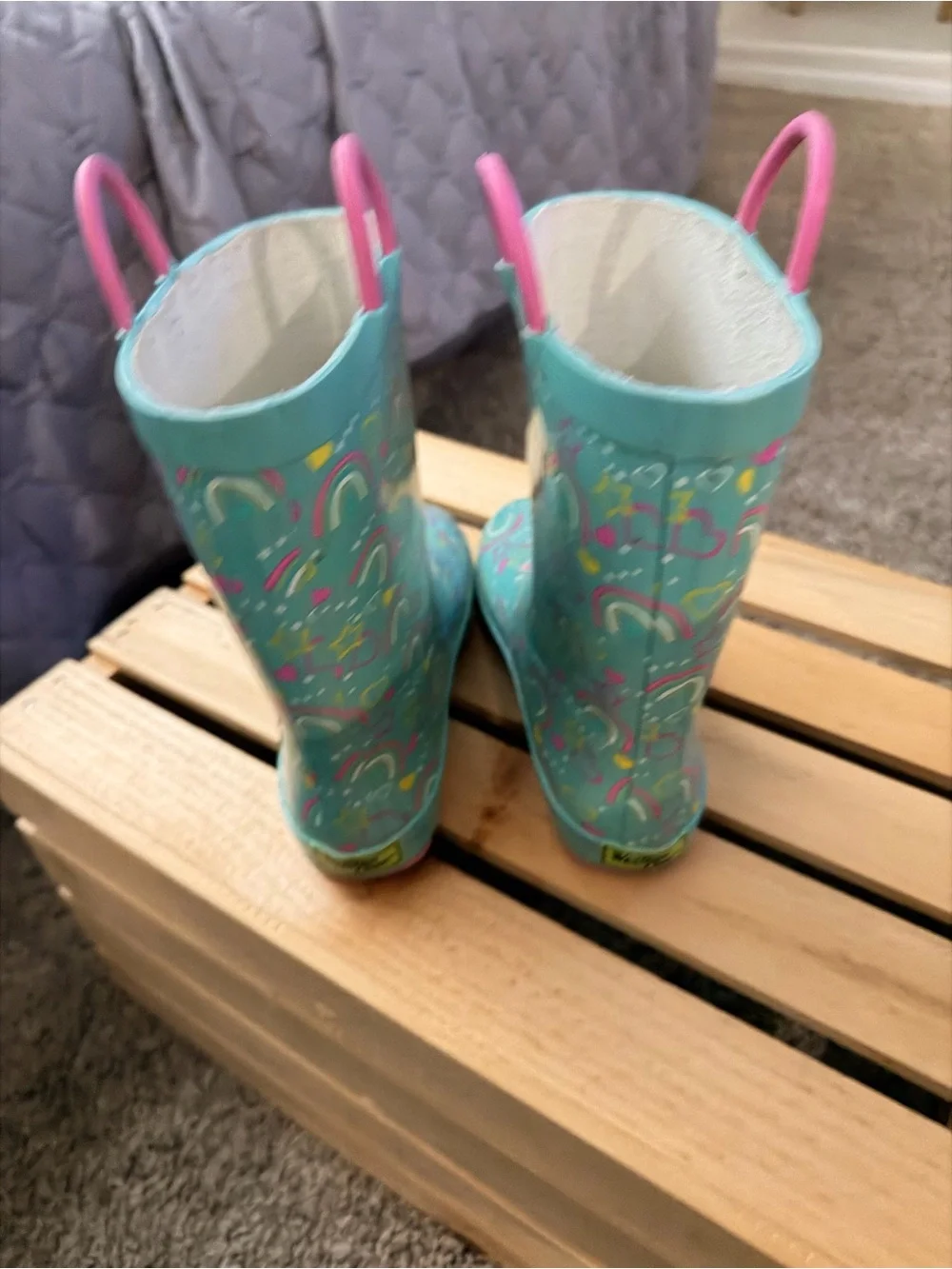 Western Chief Turquoise Kids Rain Boots with Pink Handles and Rainbow Print